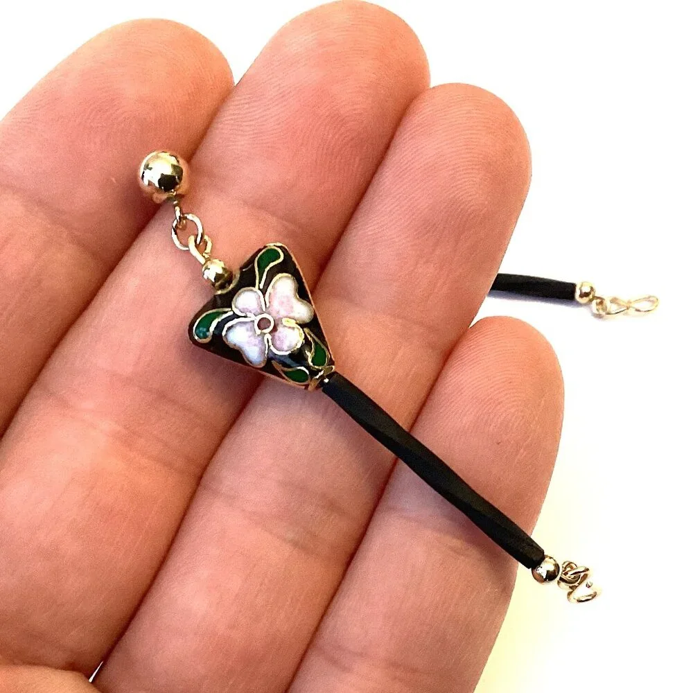 Vintage 14k Gold Cloisonne Earrings, Long and Unique Dangle Jewelry, Art Nouveau - Picture 3 of 8